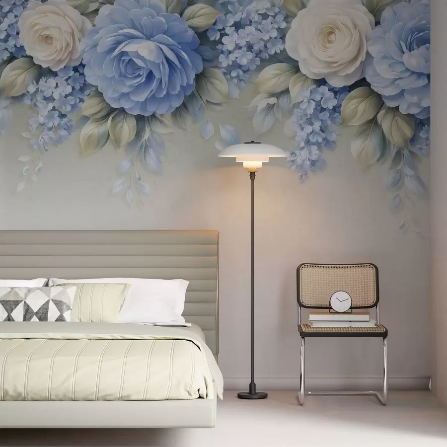 murais de parede Rosas delicadas e arranjos florais em uma composição botânica inspirada na porcelana, com pétalas suaves dispostas em camadas e folhas elegantes e esvoaçantes w05495