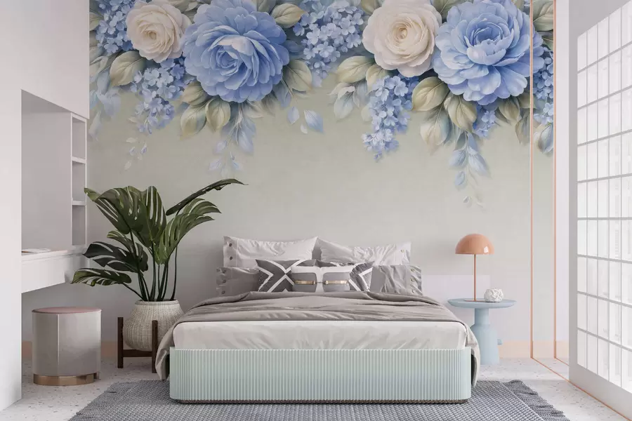 murais de parede Rosas delicadas e arranjos florais em uma composição botânica inspirada na porcelana, com pétalas suaves dispostas em camadas e folhas elegantes e esvoaçantes w05495