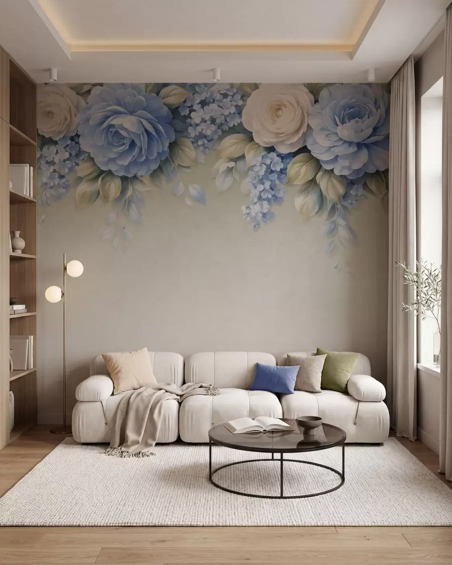murais de parede Rosas delicadas e arranjos florais em uma composição botânica inspirada na porcelana, com pétalas suaves dispostas em camadas e folhas elegantes e esvoaçantes w05495
