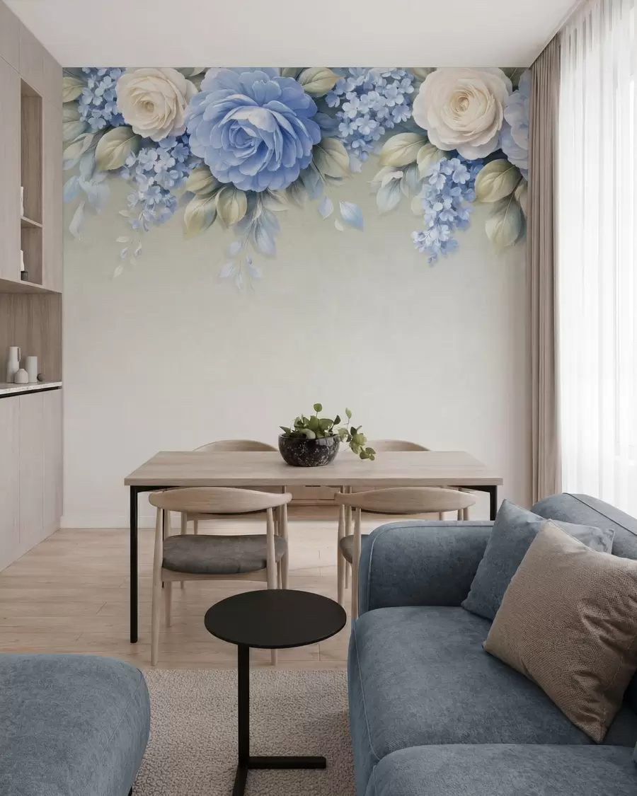murais de parede Rosas delicadas e arranjos florais em uma composição botânica inspirada na porcelana, com pétalas suaves dispostas em camadas e folhas elegantes e esvoaçantes w05495