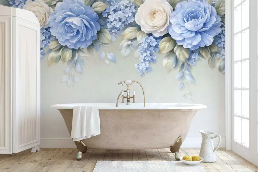 murais de parede Rosas delicadas e arranjos florais em uma composição botânica inspirada na porcelana, com pétalas suaves dispostas em camadas e folhas elegantes e esvoaçantes w05495