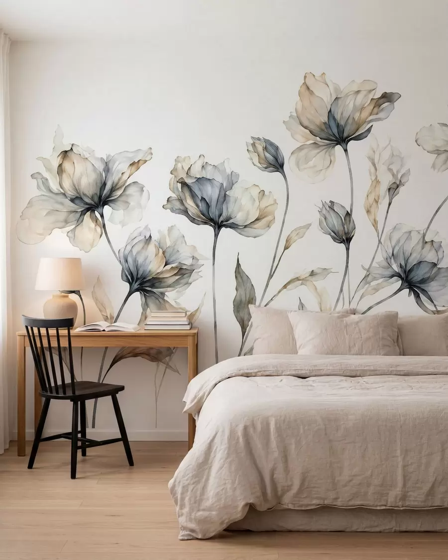 murais de parede Flores elegantes e arejadas, com pétalas translúcidas dispostas em camadas, em hastes longas e delicadas w05579