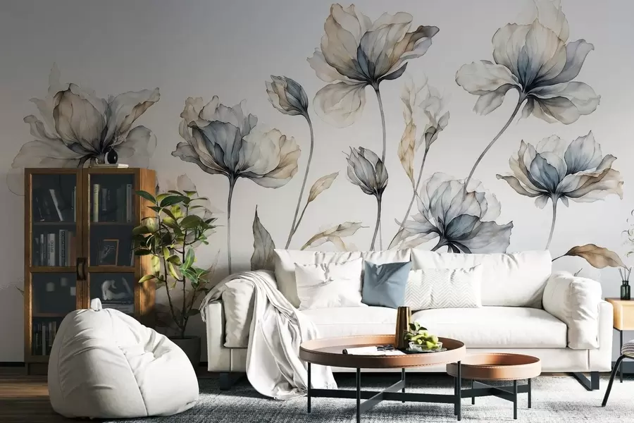 murais de parede Flores elegantes e arejadas, com pétalas translúcidas dispostas em camadas, em hastes longas e delicadas w05579