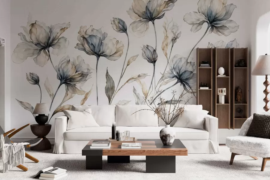 murais de parede Flores elegantes e arejadas, com pétalas translúcidas dispostas em camadas, em hastes longas e delicadas w05579