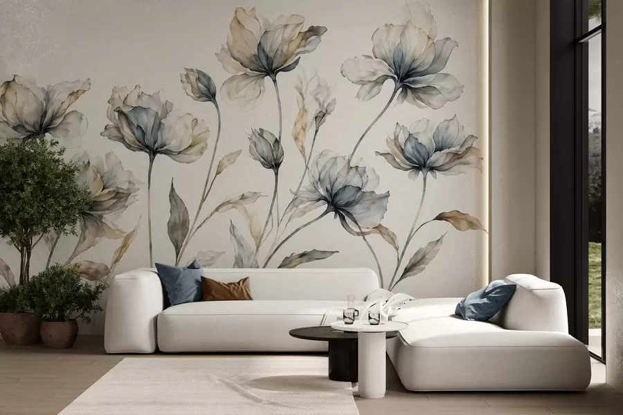 murais de parede Flores elegantes e arejadas, com pétalas translúcidas dispostas em camadas, em hastes longas e delicadas w05579