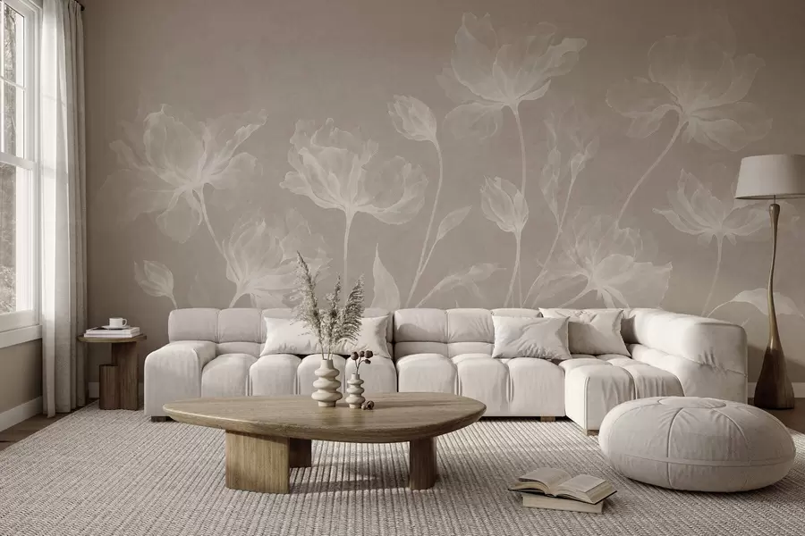 murais de parede Flores elegantes e arejadas, com pétalas translúcidas dispostas em camadas, em hastes longas e delicadas w05579v1