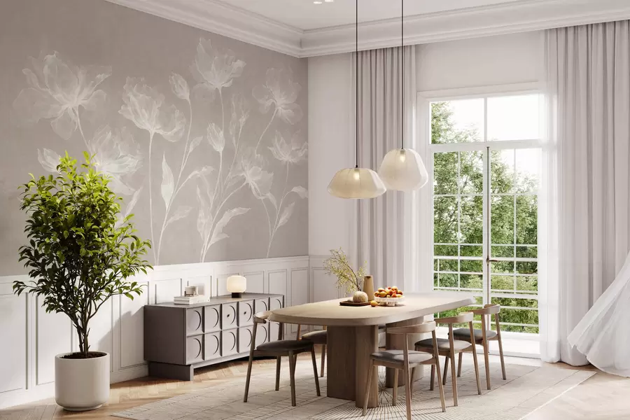 murais de parede Flores elegantes e arejadas, com pétalas translúcidas dispostas em camadas, em hastes longas e delicadas w05579v1
