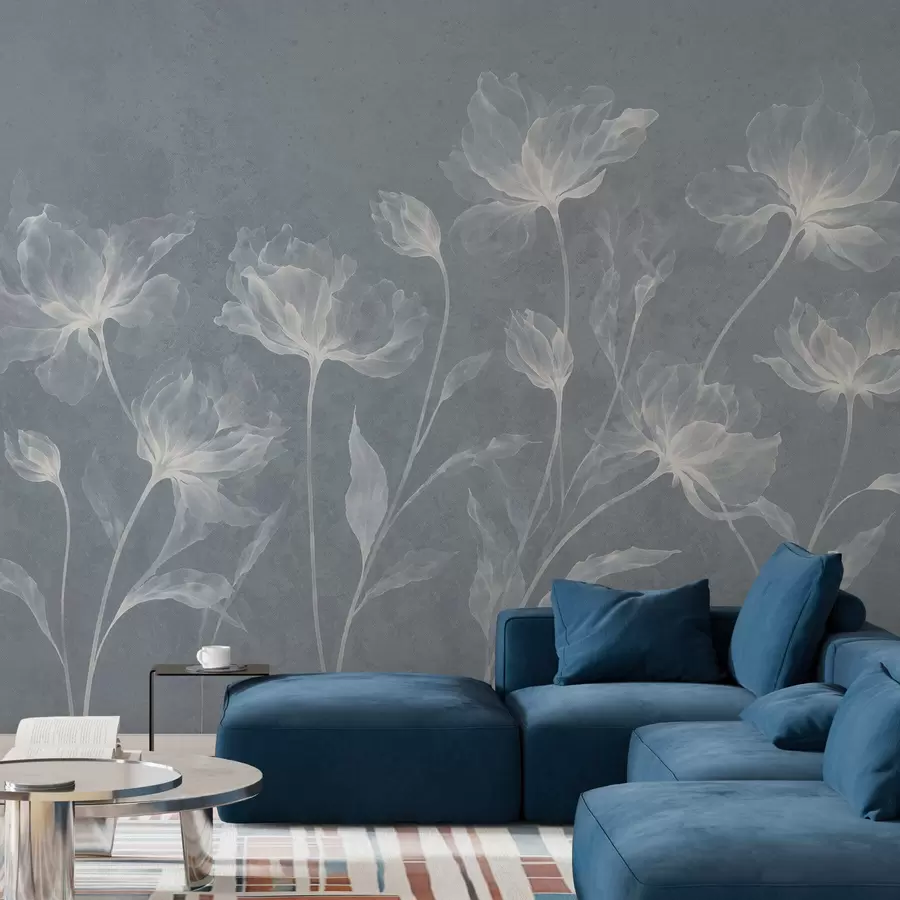 murais de parede Flores elegantes e arejadas, com pétalas translúcidas dispostas em camadas, em hastes longas e delicadas w05579v2