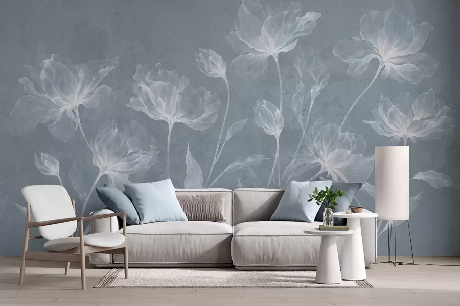 murais de parede Flores elegantes e arejadas, com pétalas translúcidas dispostas em camadas, em hastes longas e delicadas w05579v2