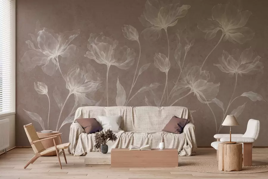 murais de parede Flores elegantes e arejadas, com pétalas translúcidas dispostas em camadas, em hastes longas e delicadas w05579v3
