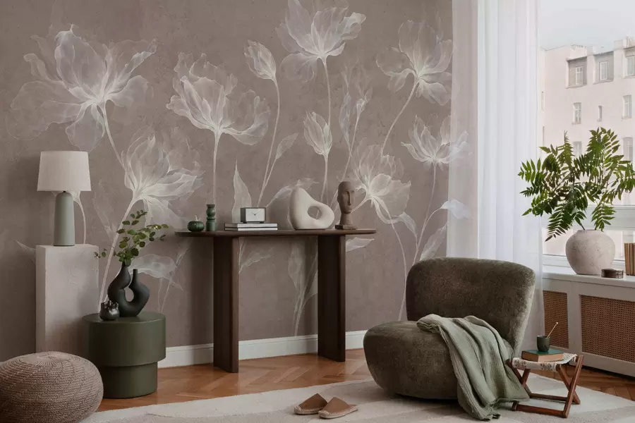 murais de parede Flores elegantes e arejadas, com pétalas translúcidas dispostas em camadas, em hastes longas e delicadas w05579v3