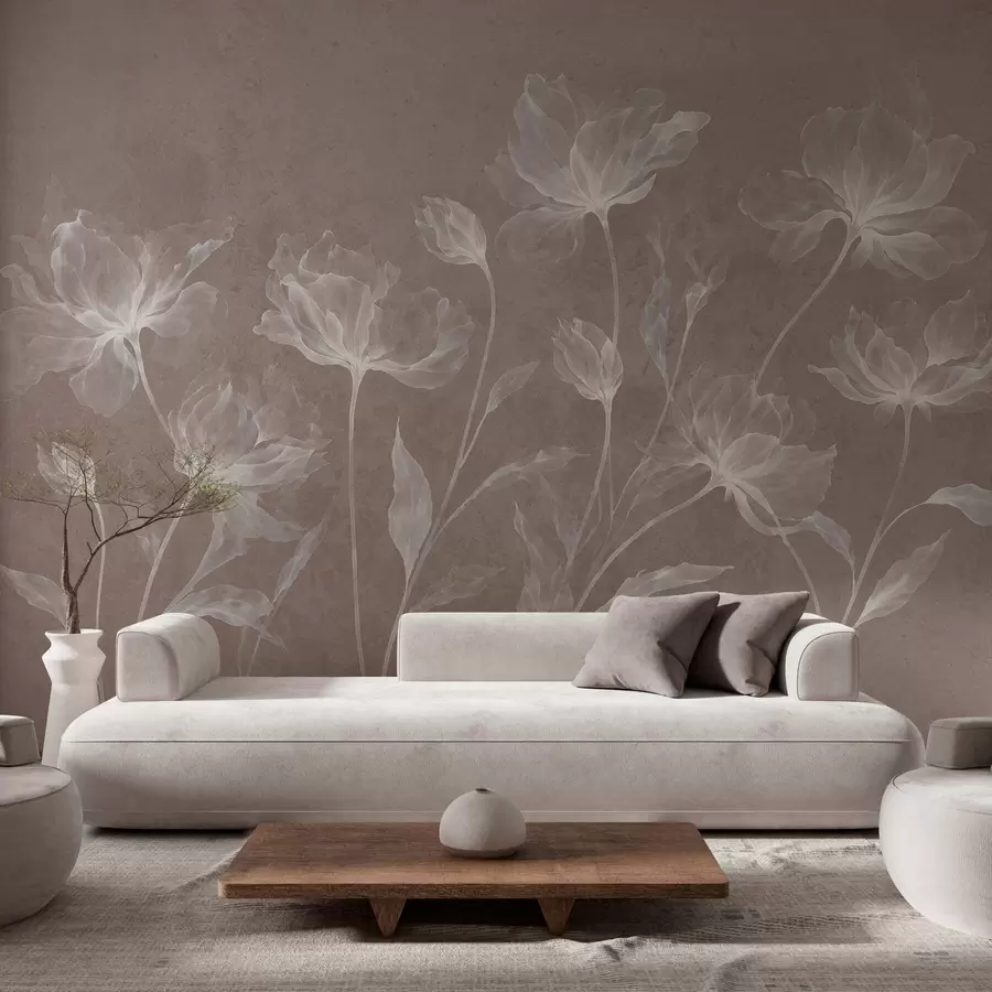 murais de parede Flores elegantes e arejadas, com pétalas translúcidas dispostas em camadas, em hastes longas e delicadas w05579v3