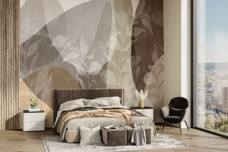 murais de parede Formas abstratas em tons terrosos se sobrepõem a elementos botânicos transparentes e a obras de arte texturizadas w09865