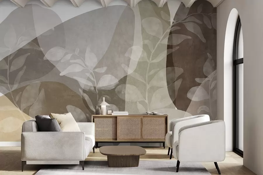 murais de parede Formas abstratas em tons terrosos se sobrepõem a elementos botânicos transparentes e a obras de arte texturizadas w09865