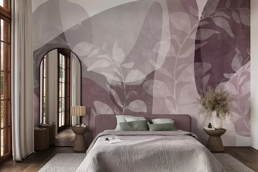 murais de parede Formas abstratas em tons suaves se sobrepõem a elementos botânicos transparentes e a obras de arte texturizadas w09865v1