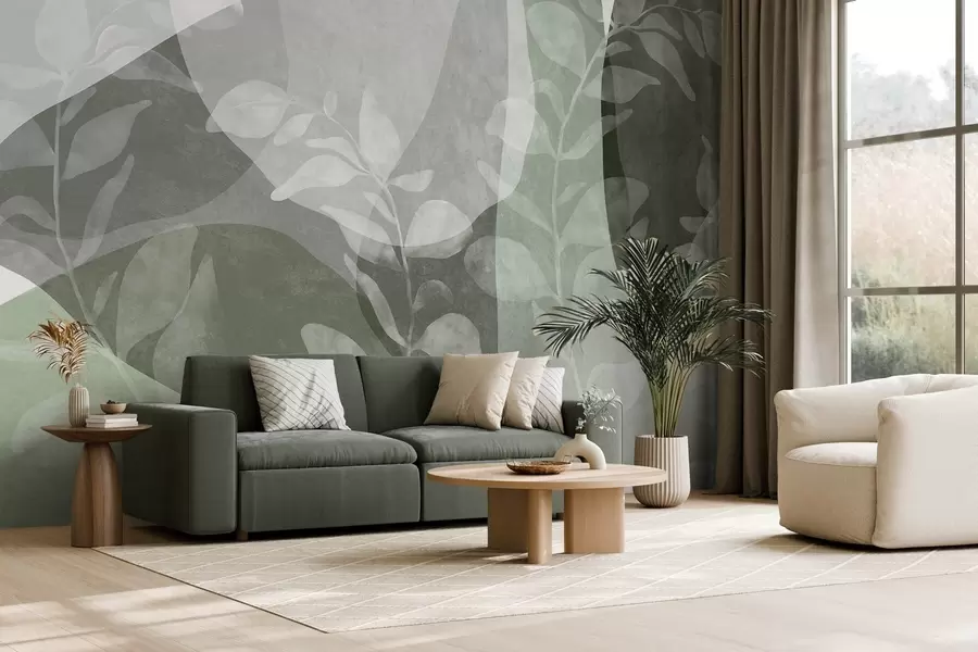 murais de parede Formas abstratas em tons de verde se sobrepõem a elementos botânicos transparentes e a obras de arte texturizadas w09865v2