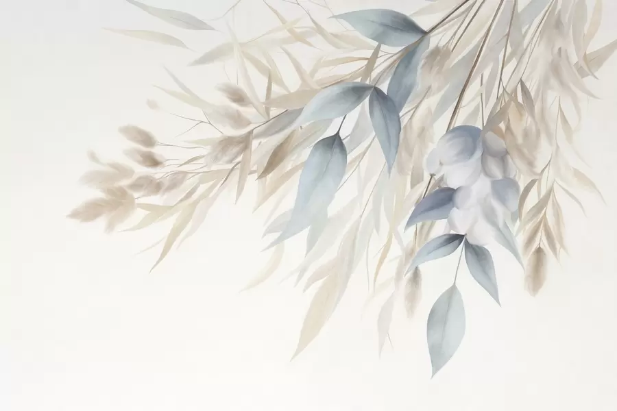 murais de parede Grama seca com textura, capim-dos-pampas e folhas azuis, pintadas em um estilo suave de aquarela w09868