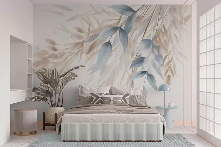 murais de parede Grama seca com textura, capim-dos-pampas e folhas azuis, pintadas em um estilo suave de aquarela w09868