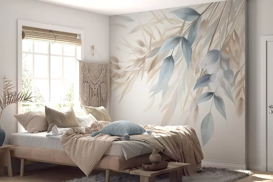 murais de parede Grama seca com textura, capim-dos-pampas e folhas azuis, pintadas em um estilo suave de aquarela w09868
