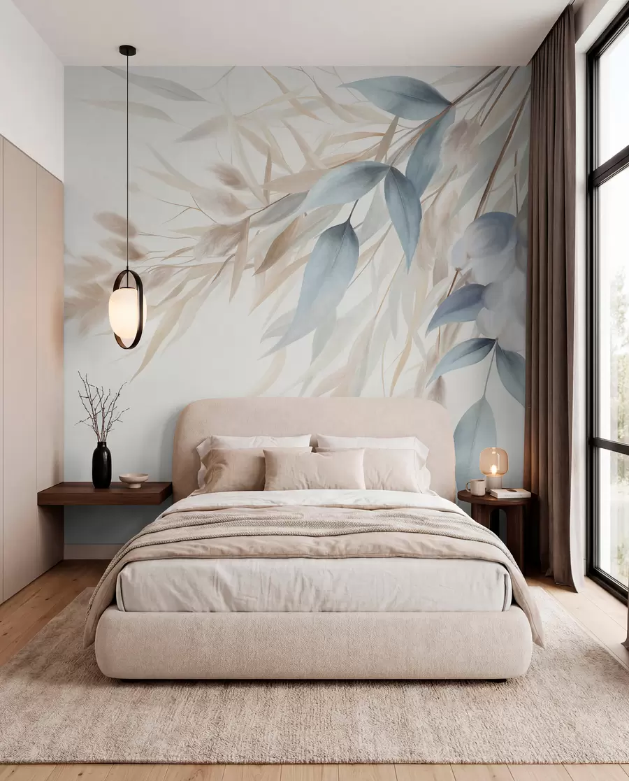 murais de parede Grama seca com textura, capim-dos-pampas e folhas azuis, pintadas em um estilo suave de aquarela w09868