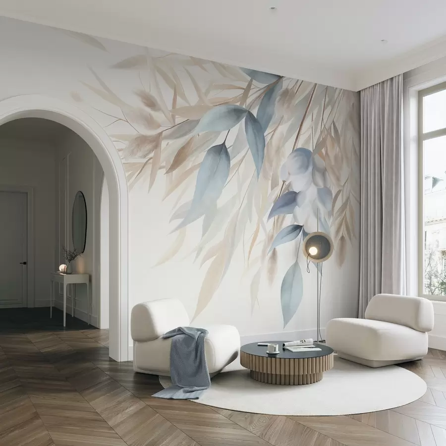 murais de parede Grama seca com textura, capim-dos-pampas e folhas azuis, pintadas em um estilo suave de aquarela w09868