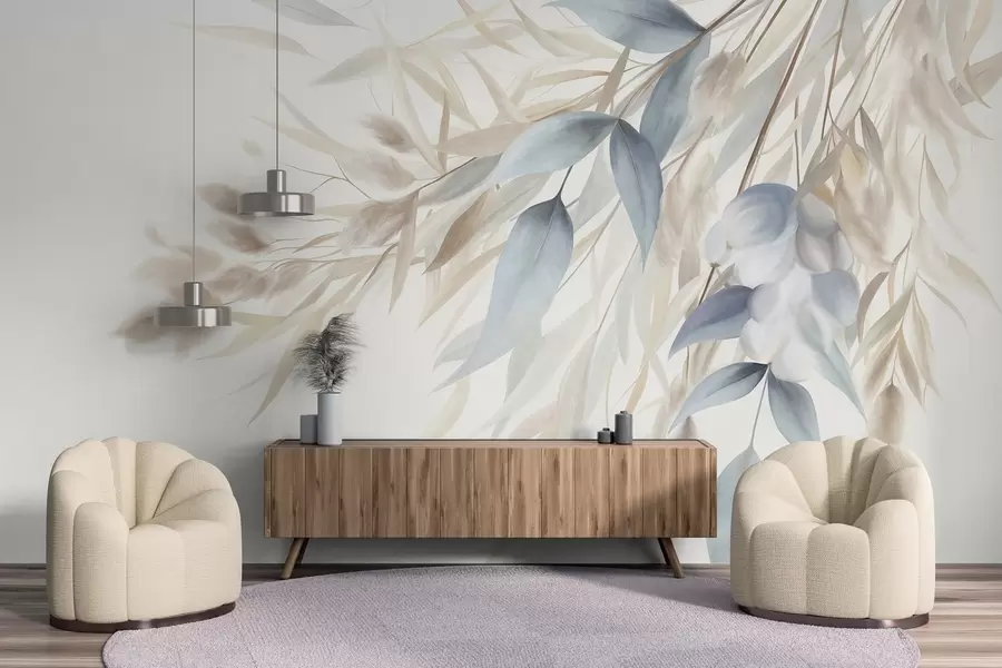 murais de parede Grama seca com textura, capim-dos-pampas e folhas azuis, pintadas em um estilo suave de aquarela w09868