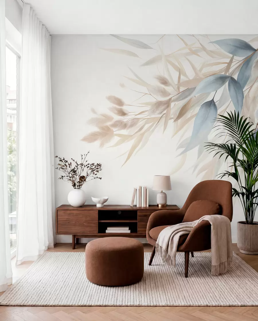 murais de parede Grama seca com textura, capim-dos-pampas e folhas azuis, pintadas em um estilo suave de aquarela w09868