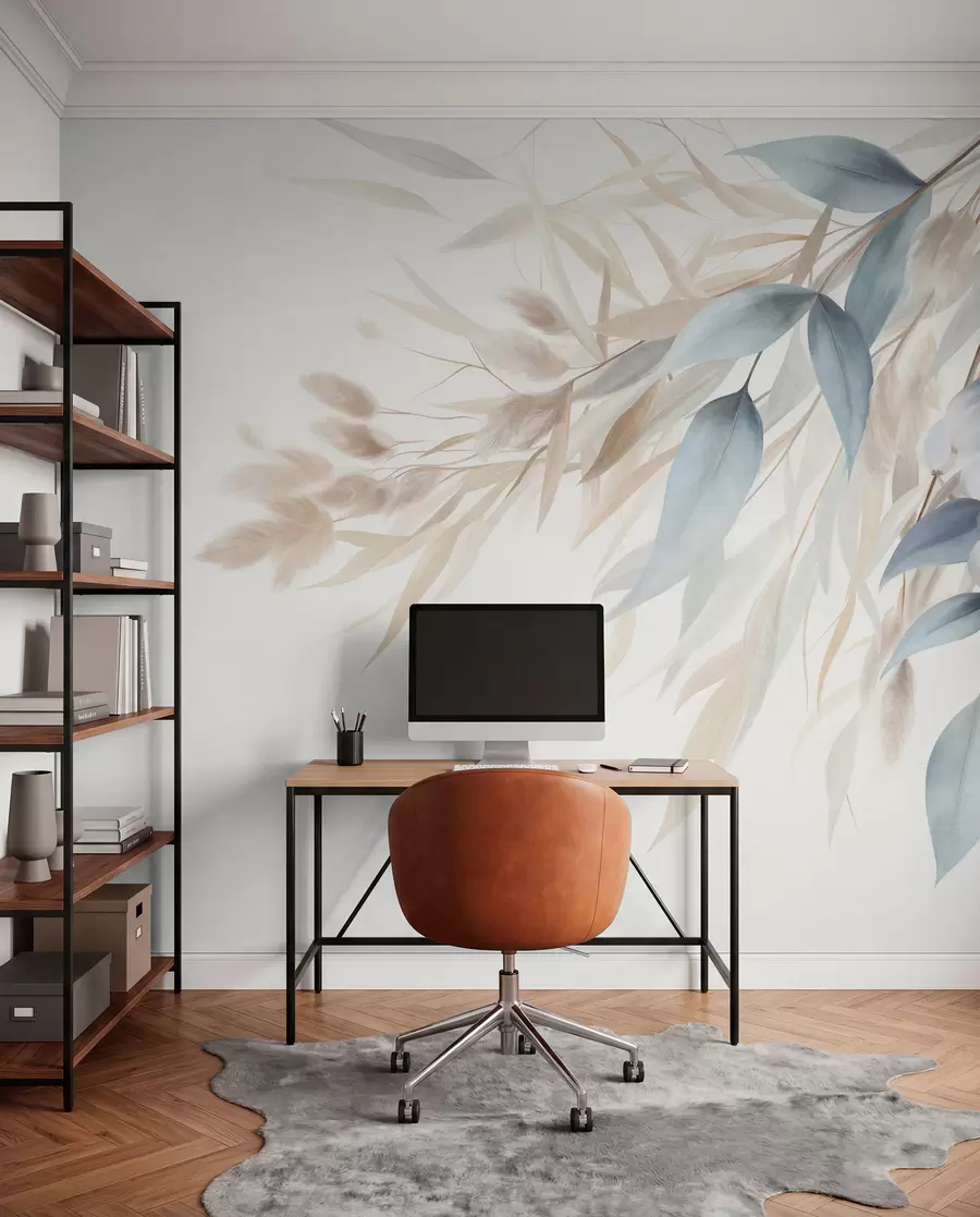 murais de parede Grama seca com textura, capim-dos-pampas e folhas azuis, pintadas em um estilo suave de aquarela w09868