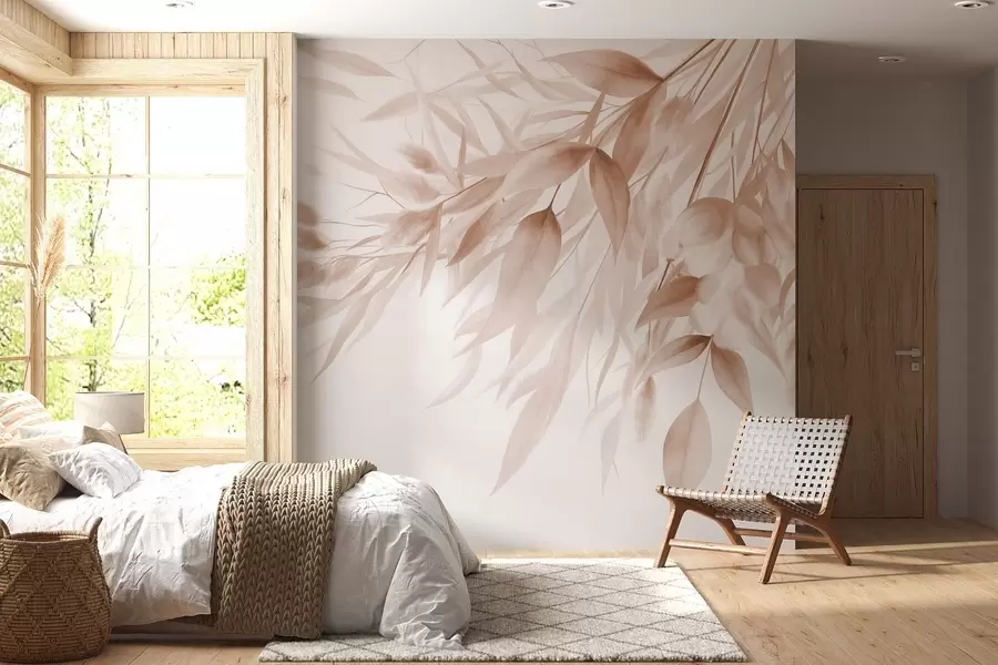 murais de parede Grama seca com textura, capim-dos-pampas e folhas, pintadas em um estilo suave de aquarela w09868v1