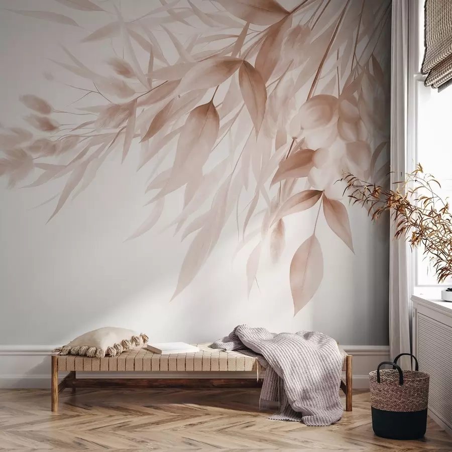 murais de parede Grama seca com textura, capim-dos-pampas e folhas, pintadas em um estilo suave de aquarela w09868v1