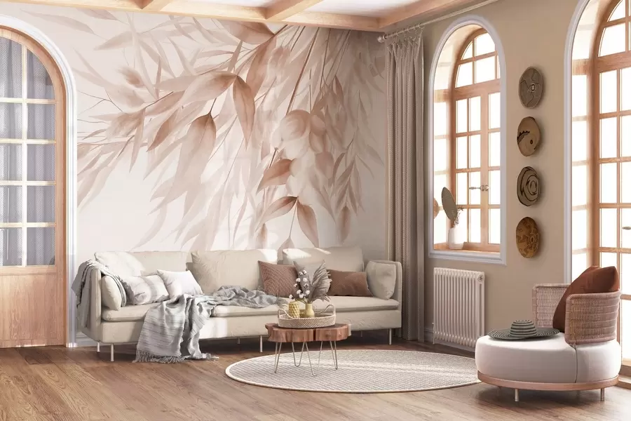 murais de parede Grama seca com textura, capim-dos-pampas e folhas, pintadas em um estilo suave de aquarela w09868v1