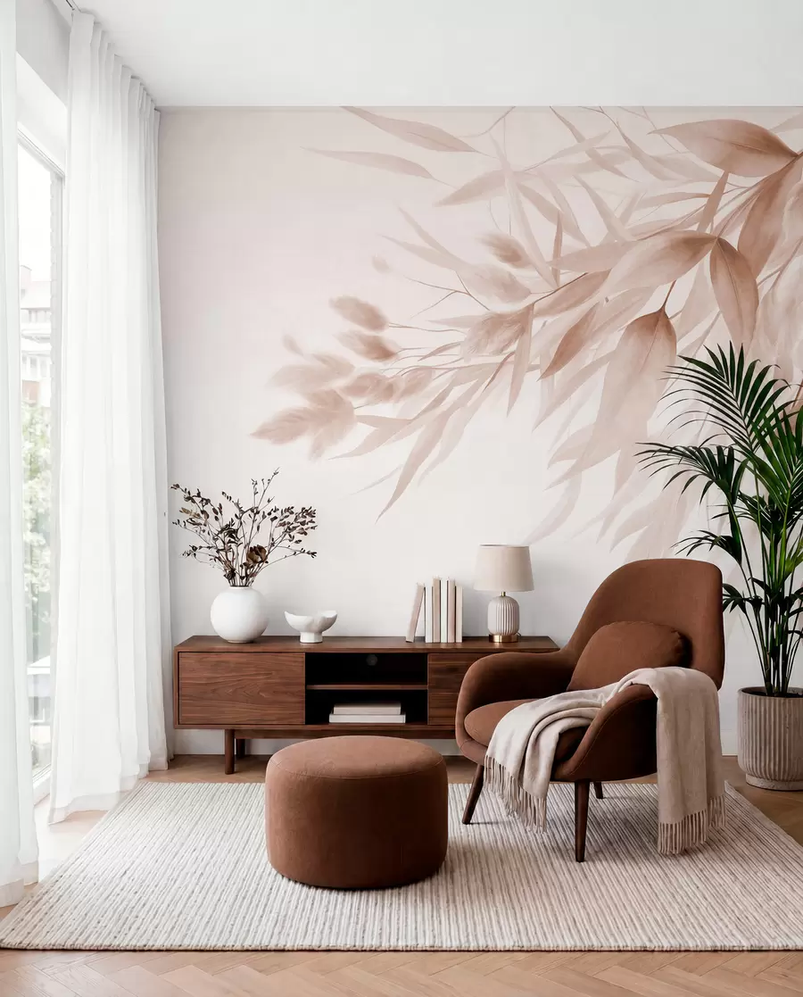 murais de parede Grama seca com textura, capim-dos-pampas e folhas, pintadas em um estilo suave de aquarela w09868v1