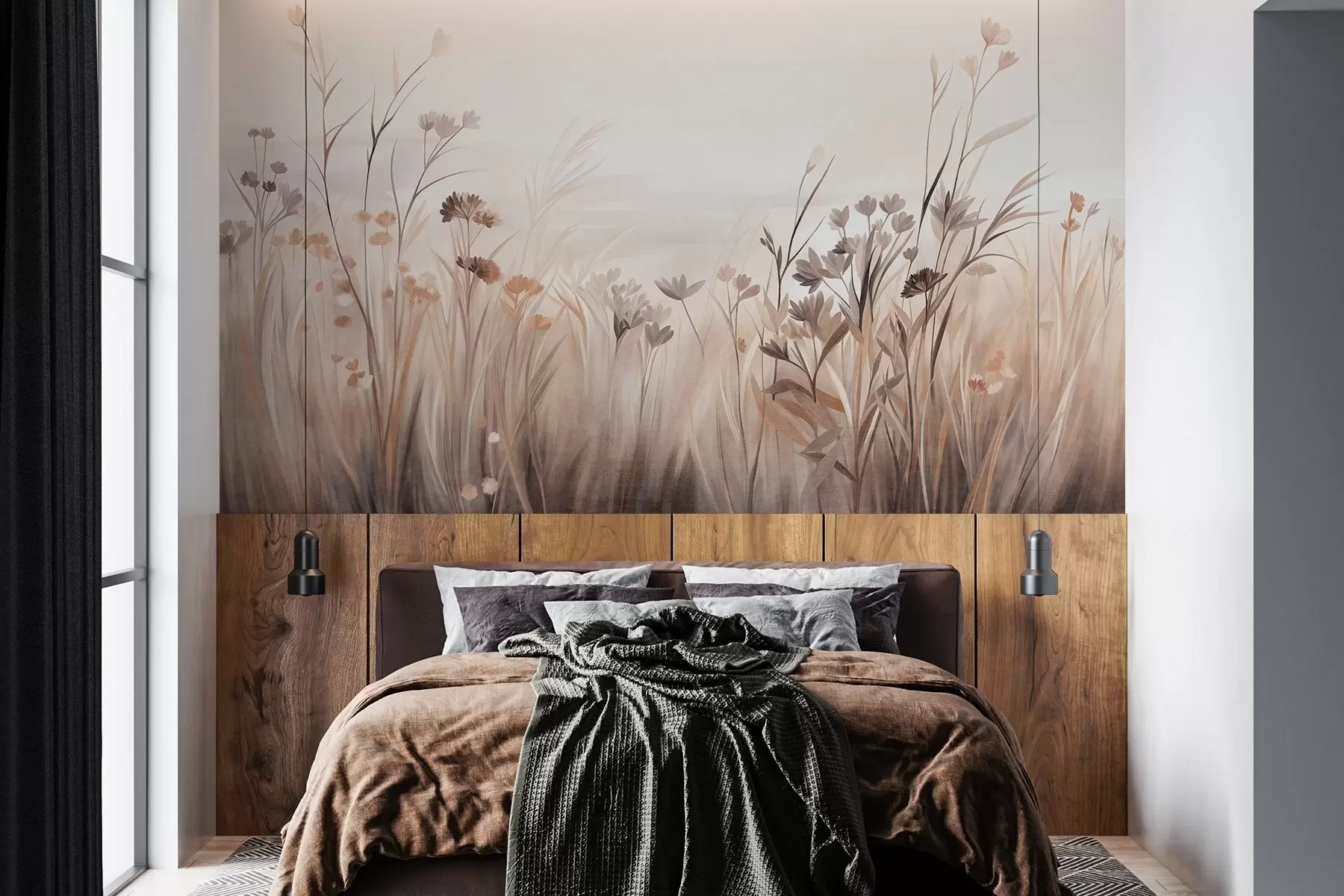 murais de parede Um campo de flores silvestres em tons suaves de marrom e bege, com gramíneas altas e flores delicadas w09872