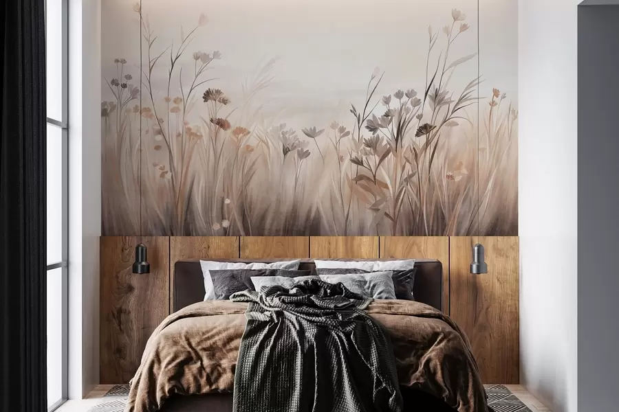 murais de parede Um campo de flores silvestres em tons suaves de marrom e bege, com gramíneas altas e flores delicadas w09872
