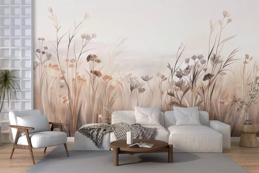 murais de parede Um campo de flores silvestres em tons suaves de marrom e bege, com gramíneas altas e flores delicadas w09872