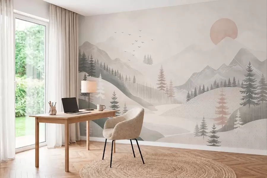 murais de parede Paisagem montanhosa minimalista com pinheiros w05626
