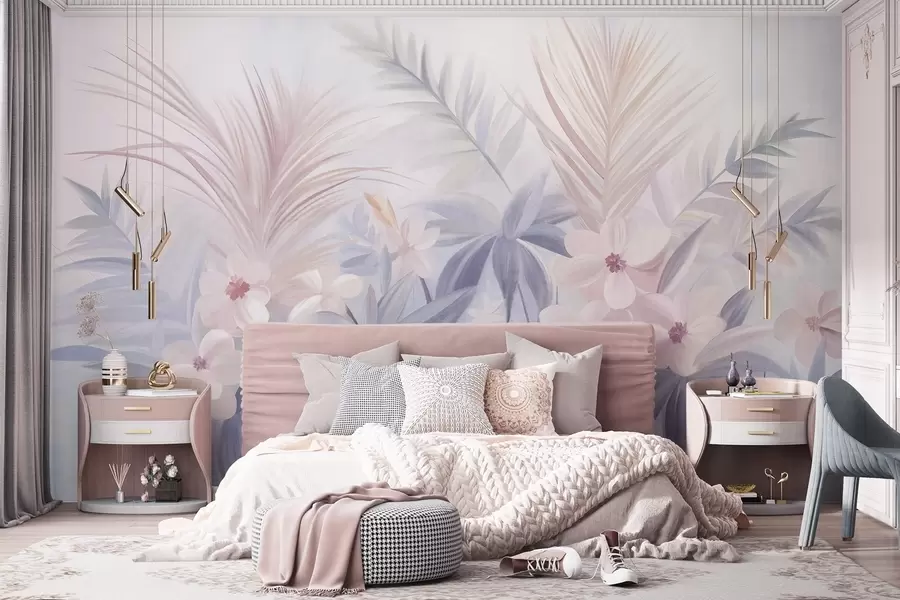 murais de parede Flores tropicais e folhas de palmeira em tons suaves de azul e rosa, estilo pictórico w09832