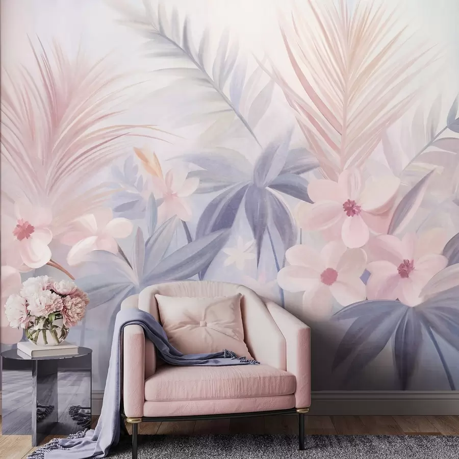murais de parede Flores tropicais e folhas de palmeira em tons suaves de azul e rosa, estilo pictórico w09832