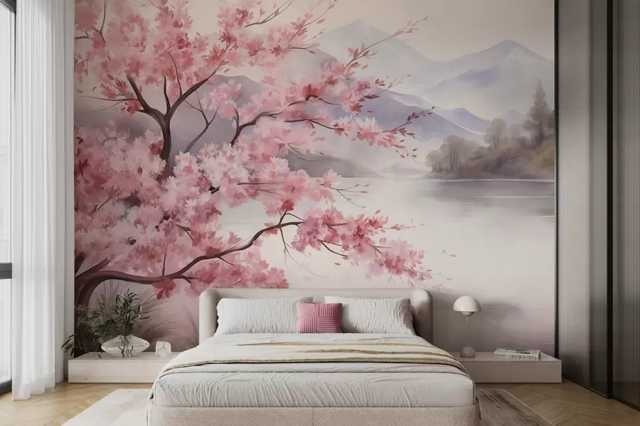 murais de parede Pintura de paisagem: uma árvore com flores cor-de-rosa, um lago e montanhas envoltas em névoa ao fundo w09870