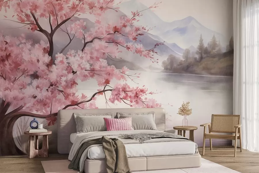 murais de parede Pintura de paisagem: uma árvore com flores cor-de-rosa, um lago e montanhas envoltas em névoa ao fundo w09870