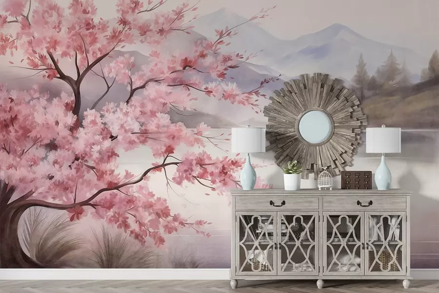 murais de parede Pintura de paisagem: uma árvore com flores cor-de-rosa, um lago e montanhas envoltas em névoa ao fundo w09870