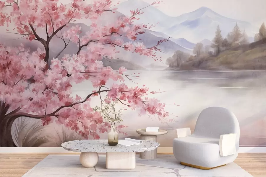 murais de parede Pintura de paisagem: uma árvore com flores cor-de-rosa, um lago e montanhas envoltas em névoa ao fundo w09870