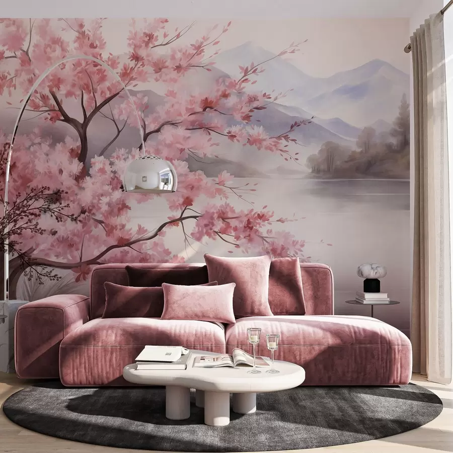 murais de parede Pintura de paisagem: uma árvore com flores cor-de-rosa, um lago e montanhas envoltas em névoa ao fundo w09870