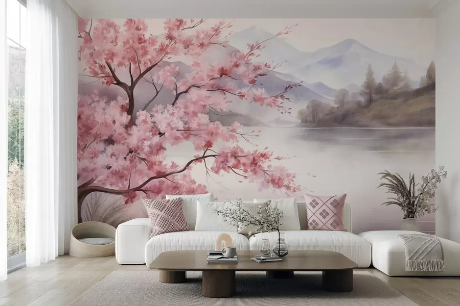 murais de parede Pintura de paisagem: uma árvore com flores cor-de-rosa, um lago e montanhas envoltas em névoa ao fundo w09870
