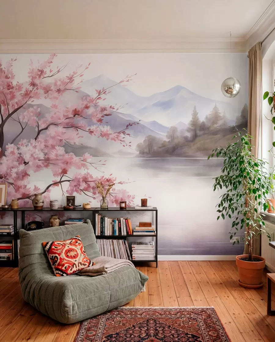 murais de parede Pintura de paisagem: uma árvore com flores cor-de-rosa, um lago e montanhas envoltas em névoa ao fundo w09870