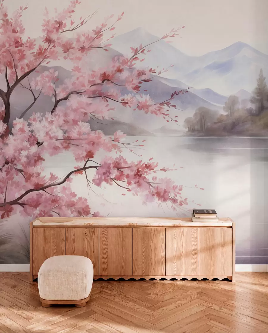 murais de parede Pintura de paisagem: uma árvore com flores cor-de-rosa, um lago e montanhas envoltas em névoa ao fundo w09870