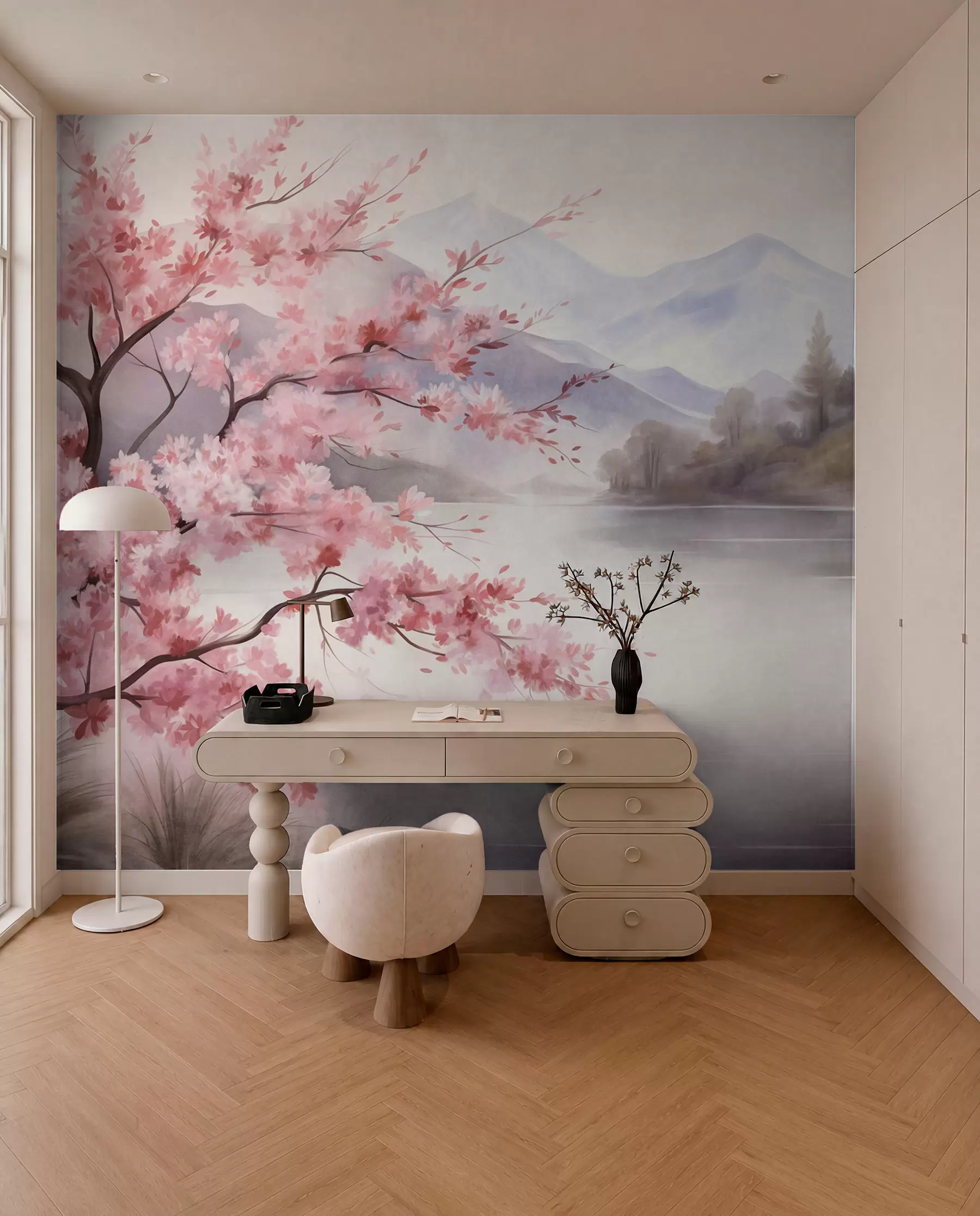 murais de parede Pintura de paisagem: uma árvore com flores cor-de-rosa, um lago e montanhas envoltas em névoa ao fundo w09870