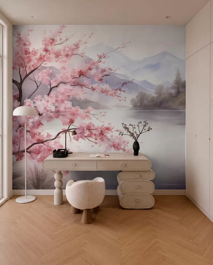 murais de parede Pintura de paisagem: uma árvore com flores cor-de-rosa, um lago e montanhas envoltas em névoa ao fundo w09870