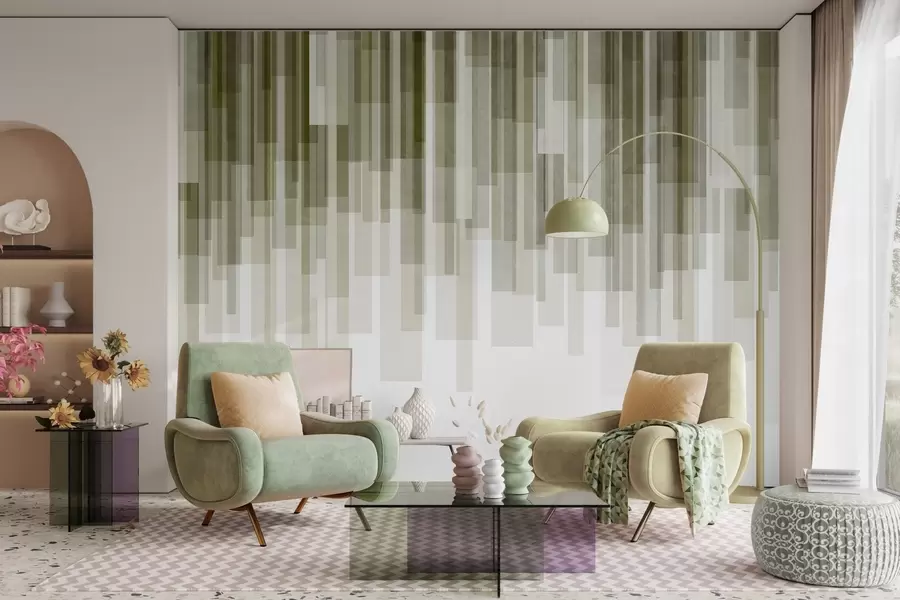 murais de parede Retângulos verticais texturizados com transparências variadas e tons de verde; arte abstrata w09889