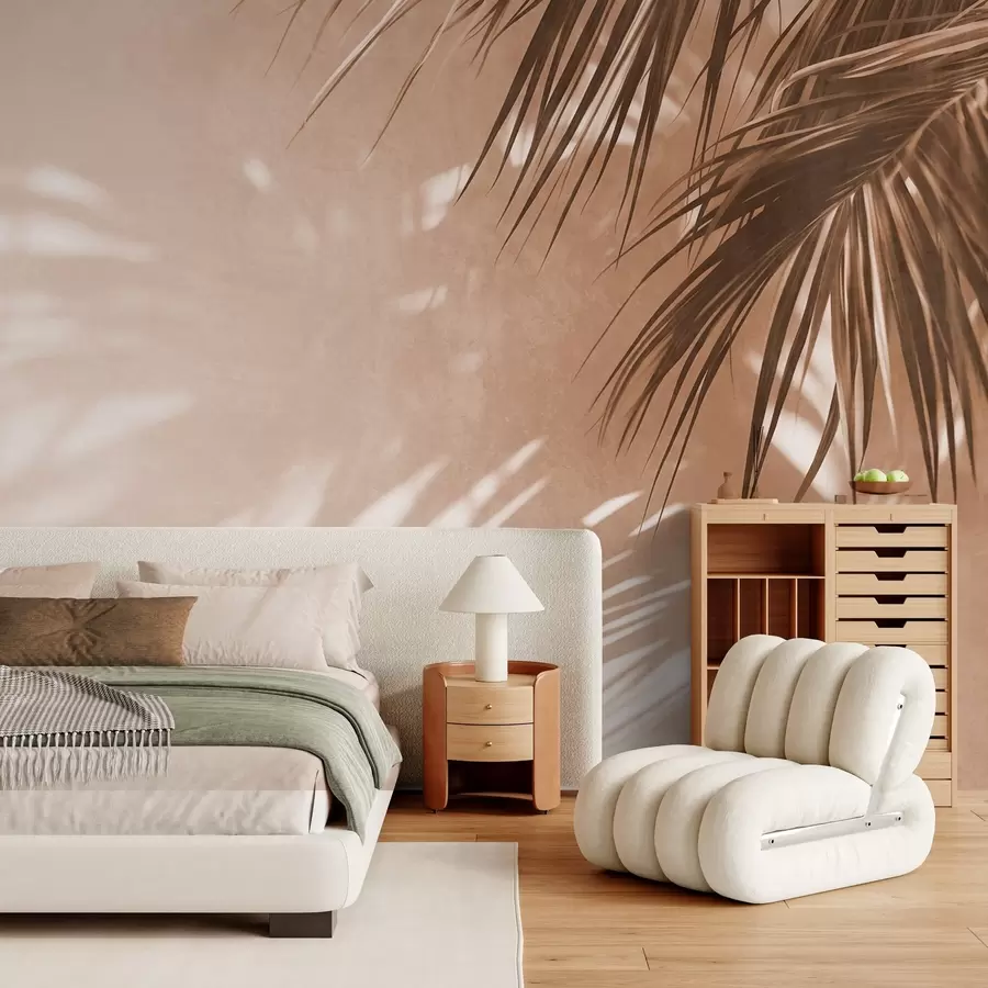 murais de parede Folhas de palmeira texturizadas com sombras, um ambiente tropical, minimalismo w09890